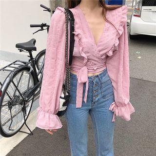 Frill Trim Chiffon Wrap Blouse