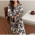 Print Lace-up Puff-sleeve Maxi Dress As Shown As Picture - Black & White - One Size