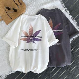 Leaf Print Lettering Short-sleeve T-shirt