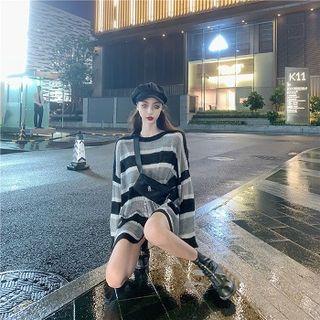 Striped Long-sleeve Knit Top Sweater - Black & White & Gray - One Size