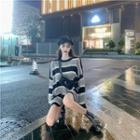 Striped Long-sleeve Knit Top Sweater - Black & White & Gray - One Size