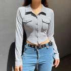 Long Sleeve Collar Pocket Plain Crop Cardigan