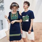 Couple Matching Print Short-sleeve T-shirt / Cold-shoulder Dress