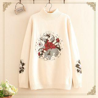 Embroidered Mock-neck Long-sleeve Knit Top
