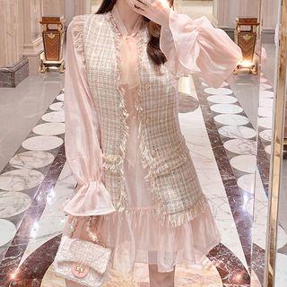 Long-sleeve Frill Trim Mini Dress / Tweed Buttoned Vest / Set