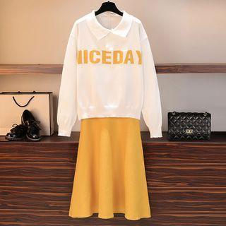Set: Lettering Sweater + Midi A-line Skirt As Shown In Figure - One Size