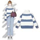 Turtleneck Striped Sweater Stripes - Blue & White - One Size
