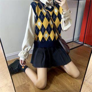 Long-sleeve Tie-neck Blouse / Patterned Knit Vest
