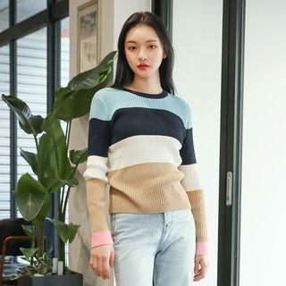 2019 Spring New In Seoul Color-block Sweater Navy Blue - One Size