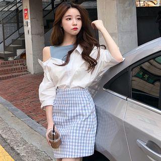 Elbow-sleeve Mock Two-piece Shirt / Plaid Straight Fit Skirt