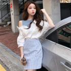 Elbow-sleeve Mock Two-piece Shirt / Plaid Straight Fit Skirt