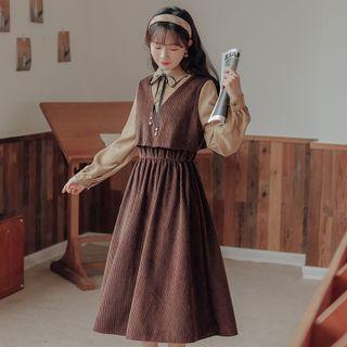 Mock Two-piece Corduroy Midi A-line Shirtdress