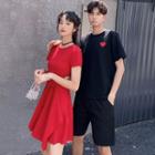 Couple Matching Heart Embroidered Short-sleeve T-shirt / Cut-out Mini A-line Dress / Shorts