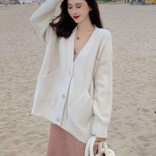 V-neck Pocketed Cardigan / Side-slit Sleeveless Knit Dress