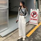 Drawstring Long-sleeve T-shirt / Pocket Detail Wide-leg Pants