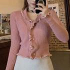 Ruffle Ribbed Knit Cardigan Pink - One Size