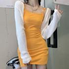 Spaghetti Strap Mini Sheath Dress / Ribbed Knit Cropped Cardigan