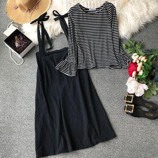 Set: Bell-sleeve Striped Top + Suspender Skirt
