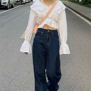 Ruffle Cropped Blouse / Wide-leg Jeans