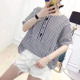 Short-sleeve Embroidered Striped Top As Shown In Figure - One Size