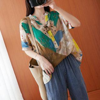 Printed Short-sleeve Half-button Blouse
