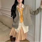 Button Jacket / Striped Shirt / Pleated Mini A-line Skirt / Tie
