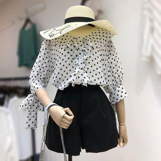 Set: Dotted 3/4-sleeve Top + High Waist Shorts