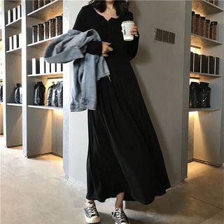 Long-sleeve Notch-neck Maxi Accordion Pleated Dress