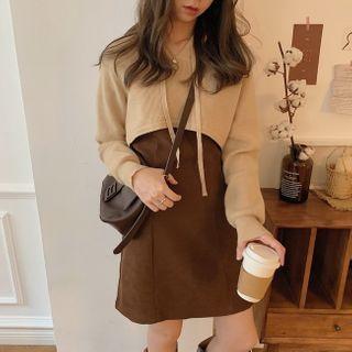 Set: Hooded Cropped Knit Top + Spaghetti Strap Mini A-line Dress