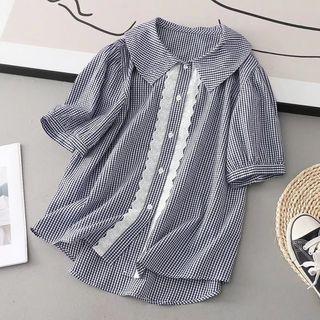 Puff-sleeve Gingham Lace Trim Blouse Black & White - One Size