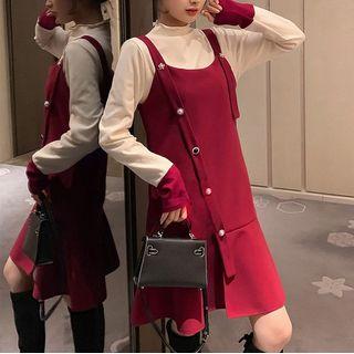 Set: Long-sleeve Mock-neck T-shirt + Mini A-line Pinafore Dress