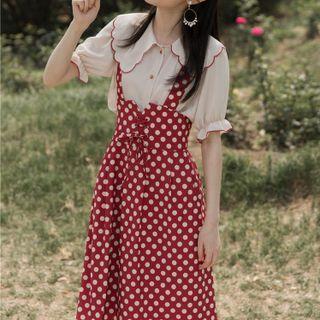 Set: Puff-sleeve Blouse + Dotted Jumper Dress