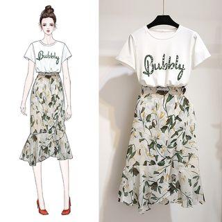 Set: Short-sleeve Letter T-shirt + Asymmetric Floral Chiffon Midi Skirt