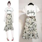 Set: Short-sleeve Letter T-shirt + Asymmetric Floral Chiffon Midi Skirt