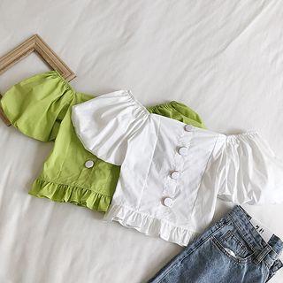 Puff-sleeve Buttoned Frill Trim Top