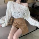 Long-sleeve Perforated Plain Knit Top / High-waist Plain Faux Leather Skirt