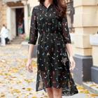 Set: Printed 3/4-sleeve Chiffon Shirt Dress + Strappy Dress