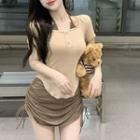 Mock Two-piece T-shirt / Drawstring Mini Pencil Skirt