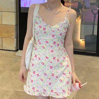 Spaghetti Strap Ruffle Trim Floral Mini Dress