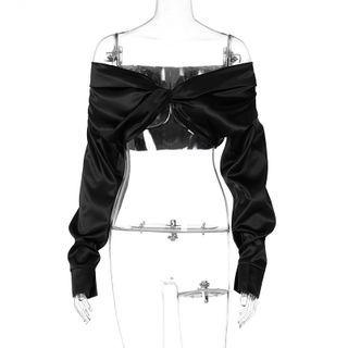 Long-sleeve Off-shoulder Twisted Crop Top