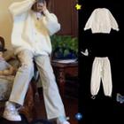 Plain Cardigan / Plaid Wide-leg Pants / Harem Sweatpants