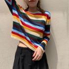 Striped Long-sleeve Knit Cropped Top Stripe - One Size