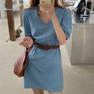 Denim Short-sleeve A-line Dress Denim Blue - One Size