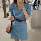 Denim Short-sleeve A-line Dress Denim Blue - One Size