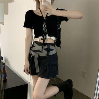 Short-sleeve Lace-up Crop Top / Camisole Top / Tie-strap Mini A-line Skirt
