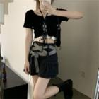 Short-sleeve Lace-up Crop Top / Camisole Top / Tie-strap Mini A-line Skirt