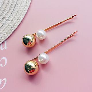 Faux Pearl Metal Bead Hair Pin Gold - One Size