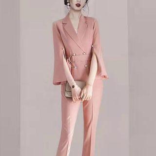 Set: Slit-sleeve Double-breasted Blazer + Dress Pants