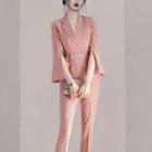 Set: Slit-sleeve Double-breasted Blazer + Dress Pants