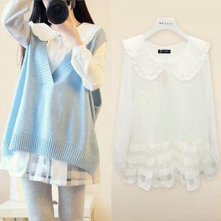 Set: Lace Trim Blouse + Sweater Vest